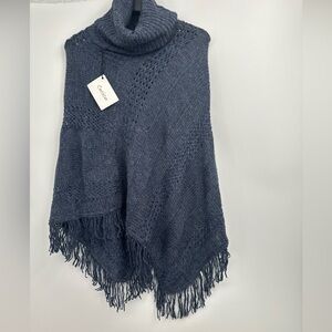 Cecico Blue Knit Wool Blend Turtleneck Poncho shawl S/M New